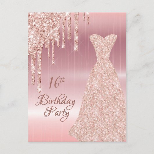 16th誕生日バラ金ゴールドグリッタードリップ招待状 ポストカード (正面)