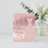 16th誕生日バラ金ゴールドグリッタードリップ招待状 ポストカード (スタンド正面)