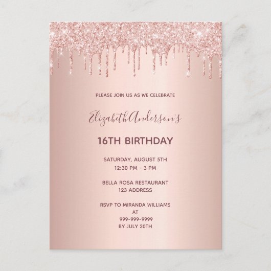 16th誕生日バラ金ゴールドグリッタードリップ招待状 ポストカード (正面)
