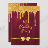 16th誕生日パーティブルゴーニュ金ゴールドボウグリッタードリップ 招待状 (正面/裏面)
