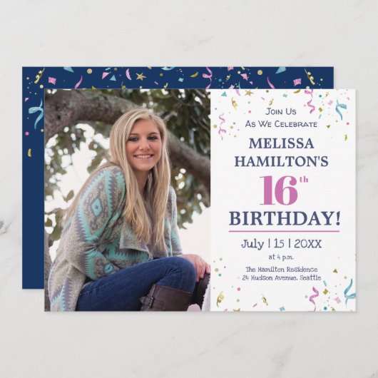 16th誕生日パーティーお祝いと写真 招待状 (正面/裏面)