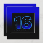 16th誕生日パーティーの招待 – 青/黒 招待状 (正面/裏面)