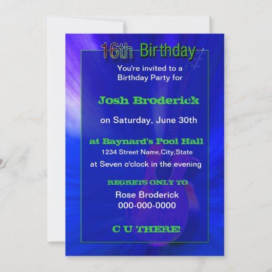 16th誕生日パーティーへの招待,ギター,ネオンカラー 招待状 (裏面)