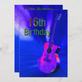 16th誕生日パーティーへの招待,ギター,ネオンカラー 招待状 (正面/裏面)