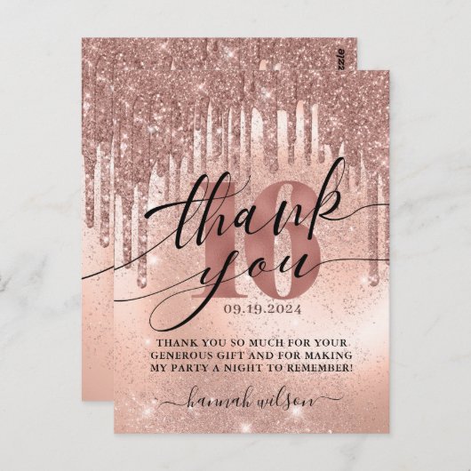 16th誕生日パーティーバラ金ゴールドありがとうはがき ポストカード (正面/裏面)