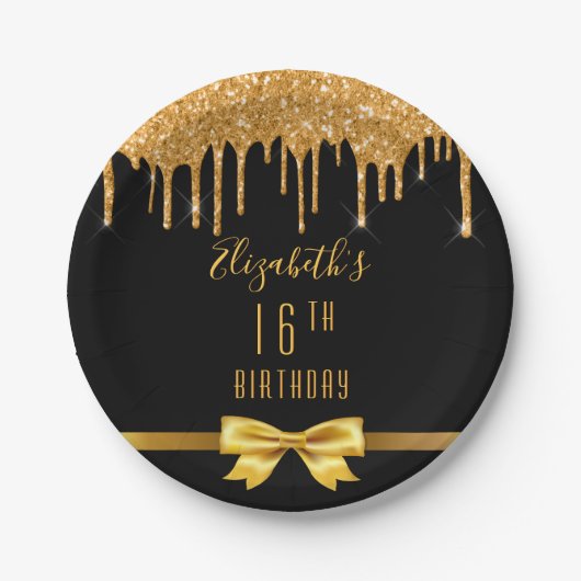 16th誕生日パーティーブラック金ゴールドボウグリッタードリップ ペーパープレート (正面)