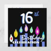 16th誕生日パーティーブルーキャンドルストライプのリサイクル 招待状 (正面/裏面)