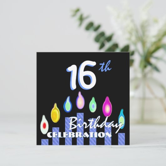 16th誕生日パーティーブルーキャンドルストライプのリサイクル 招待状 (スタンド正面)