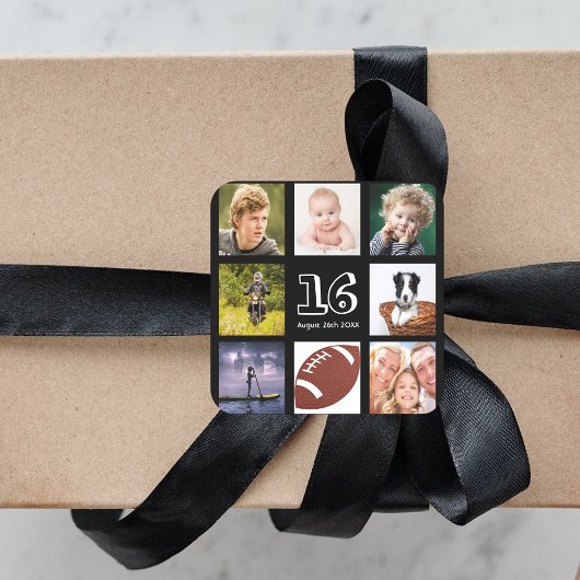 16th誕生日パーティー写真コラージュ男の子ブラック スクエアシール