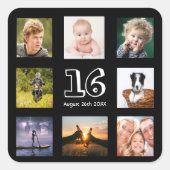 16th誕生日パーティー写真コラージュ男の子ブラック スクエアシール (正面)