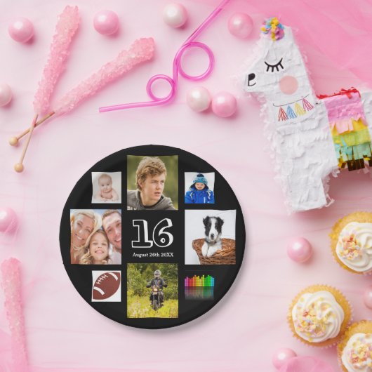16th誕生日パーティー写真コラージュ男の子ブラック ペーパープレート (パーティー)