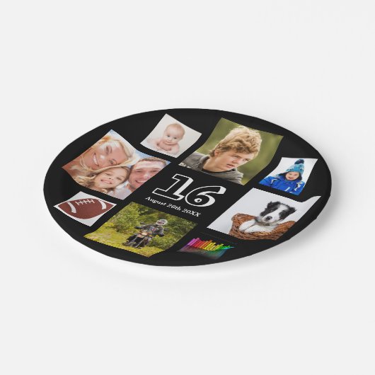16th誕生日パーティー写真コラージュ男の子ブラック ペーパープレート (アングル)