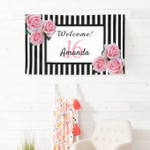 16th誕生日パーティー白黒ストライプ花模様 横断幕 (インサイチュ)