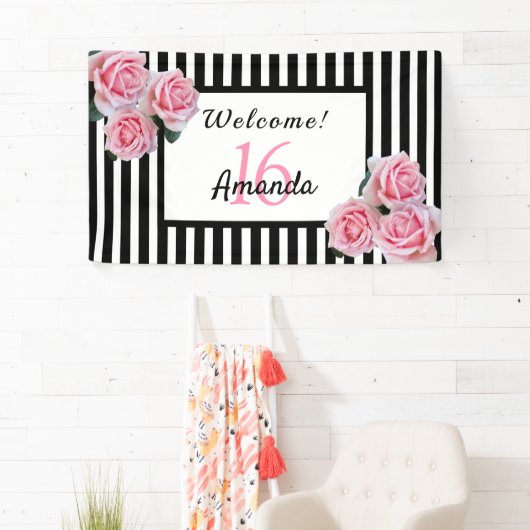 16th誕生日パーティー白黒ストライプ花模様 横断幕 (インサイチュ)