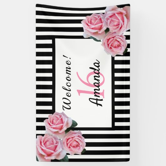 16th誕生日パーティー白黒ストライプ花模様 横断幕 (縦)