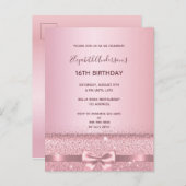 16th誕生日パーティー赤面ピンクのスパークル招待 ポストカード (正面/裏面)