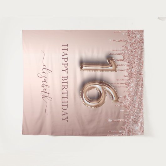 16th誕生日パーティー赤面ピンクローズ金ゴールドグリッター タペストリー (正面(横))