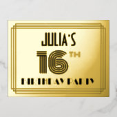 16th誕生日パーティー~アールデコスタイル"16" +名前 箔招待状ポストカード (正面)