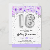 16th誕生日パーティー – シルバー・バルーン・パープル 招待状 (正面)