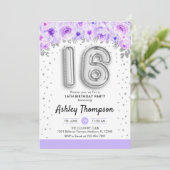 16th誕生日パーティー – シルバー・バルーン・パープル 招待状 (スタンド正面)