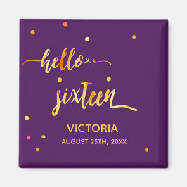 16th誕生日パープル金ゴールドhello 16タイポグラフィ名 マグネット