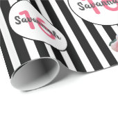 16th誕生日ピンクグリッター白黒ストライプ ラッピングペーパー (ロールコーナー)