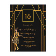 16th誕生日ブラック金ゴールドアートデコスタイル招待