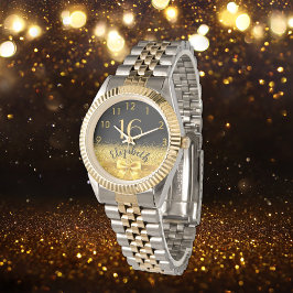 16th誕生日ブラック金ゴールド名エレガントbow 腕時計