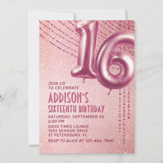 16th誕生日10代のガールバラ金ゴールド 招待状 (正面)