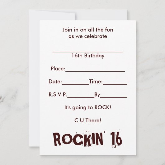 16TH誕生日 – ブラウンギター招待状、音楽 招待状 (裏面)