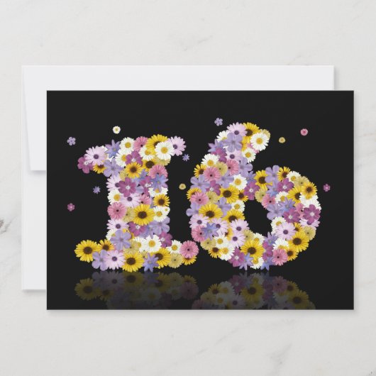 16th Birthdayパーティー、花の文字 招待状 (正面)