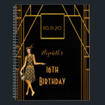 16th birthdayブラック金ゴールド1920年代のアートデコ ノートブック<br><div class="desc">16エレガント歳の誕生日パーティーの金ゴールドとグラム！金ゴールドとブラックのアートフェイクデコスタイルノートで華やかなお祝い。1920飾年のスタイルのフラッパー女子とアートのデコのスタイル枠と。日付、名前、および16歳のテンプレート。パーティー計画やゲストブックとして使用するのに最適。</div>