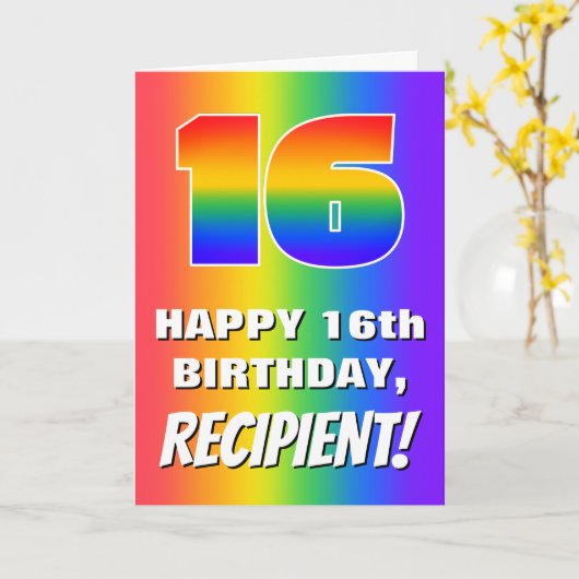 16th Birthday: Colorful, Fun Rainbow Pattern # 16 カード (黄色い花)