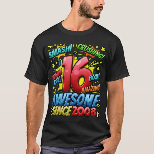 16th Birthday Comic Style Awesome since 2008 16 Ye Tシャツ (正面)