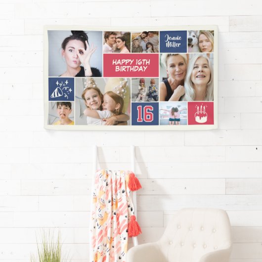 16th Birthday Custom Photo Collage Red Blue 横断幕 (インサイチュ)