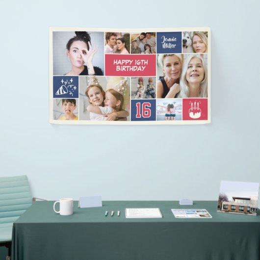 16th Birthday Custom Photo Collage Red Blue 横断幕 (トレードショー)