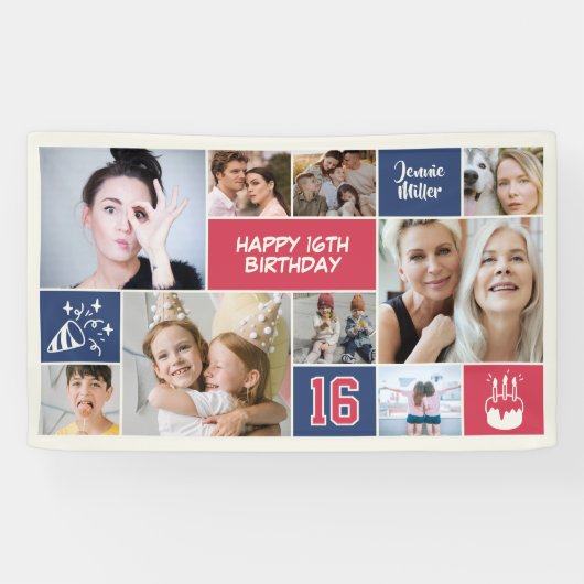 16th Birthday Custom Photo Collage Red Blue 横断幕 (横)