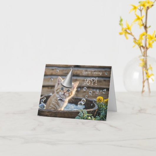 16th Birthday Cute and Funny Ginger Kitten Tub カード (黄色い花)