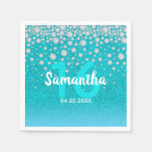 16th birthday diamondsグリッターオンティール（緑がかった色）ブルーグリーン スタンダードカクテルナプキン (正面)