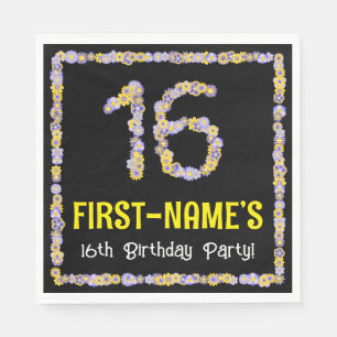 16th Birthday: Floral Flowers Number, Custom Name スタンダードランチョンナプキン