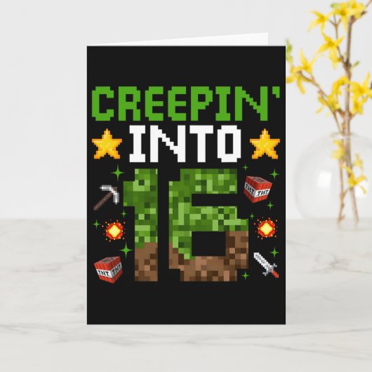 16th Birthday Gamer Pixel Creepin’ Into 16 Video G カード (黄色い花)