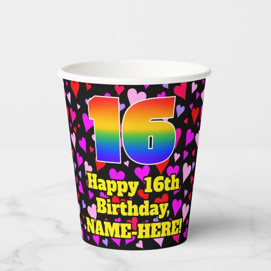 16th Birthday: Loving Hearts Pattern, Rainbow 16 紙コップ (正面)