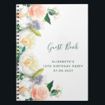 16th birthday lush花模様ホワイトピーチゲストブック ノートブック<br><div class="desc">16歳の誕生日パーティーのゲストブックまたはパーティープランナー。白飾、サンゴとバラ金ゴールドに大きな青々とした水色の夏の花、花模様のバラと牡丹。シックな白の背景。タイトル： Guest Bookは手で書いた書スタイルスモダンクリプト付き。</div>