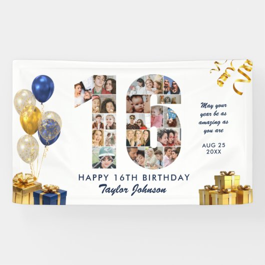 16th Birthday Number 16 Photo Collage White Gold 横断幕 (横)