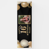 16th Birthday Partyブラックと金ゴールドバルーン写真 横断幕 (縦)