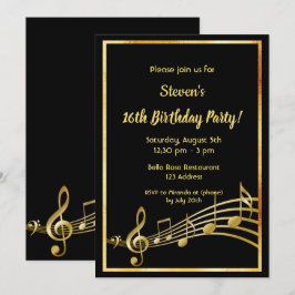 16th birthday partyブラックミュージックと金ゴールドミュージックノート 招待状