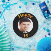 16th birthday partyブラック金ゴールド写真 ペーパープレート (パーティー)