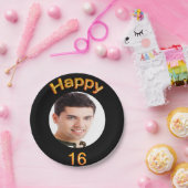 16th birthday partyブラック金ゴールド写真 ペーパープレート (パーティー)