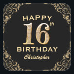 16th Birthday Partyブラック&金ゴールドグリッター枠 スクエアシール<br><div class="desc">16th Birthday Partyブラックと金ゴールドグリッターフレームステッカー。さらにカスタマイクリックズを行う場合はカスタマイズ、「IT」ボタンをクリックし、このテンプレートを変更するためにデザインツールを使用する。</div>