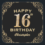 16th Birthday Partyブラック&金ゴールドグリッター枠 スクエアシール<br><div class="desc">16th Birthday Partyブラックと金ゴールドグリッターフレームステッカー。さらにカスタマイクリックズを行う場合はカスタマイズ、「IT」ボタンをクリックし、このテンプレートを変更するためにデザインツールを使用する。</div>